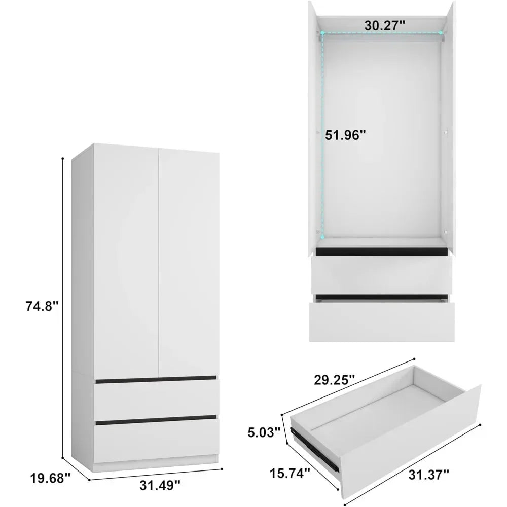 75" White Wooden Wardrobe with Drawers and Doors