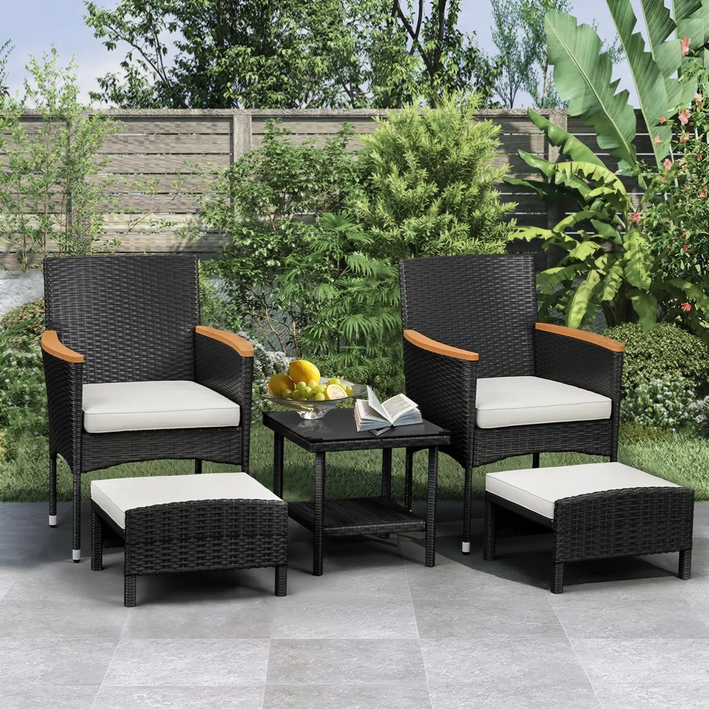 5 PCS Outdoor Bistro Wicker Table & Ottoman Patio Set
