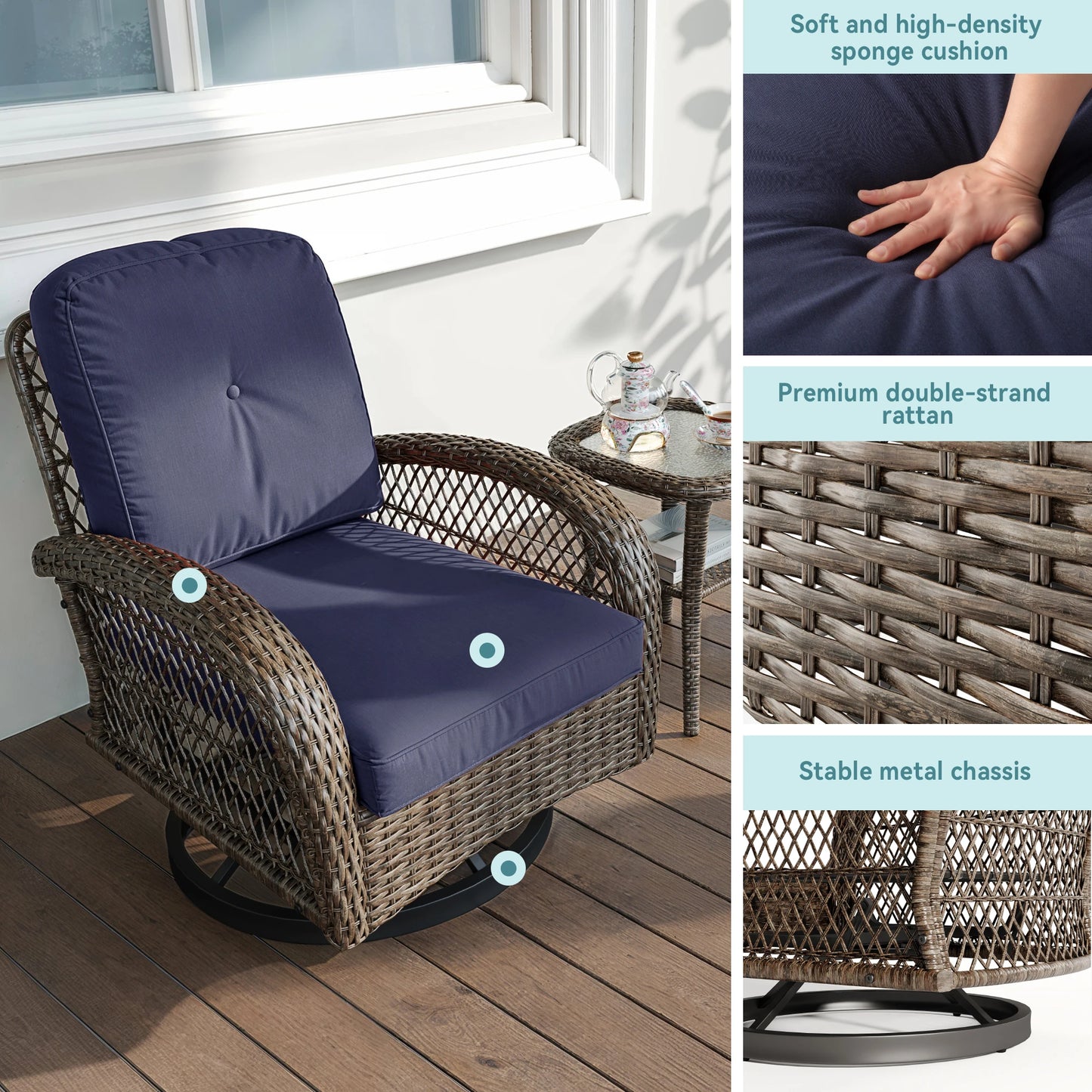 3 Pieces Outdoor Rotating Rocking Chair Patio Bistro Set with Cozy and Padded Cushions.