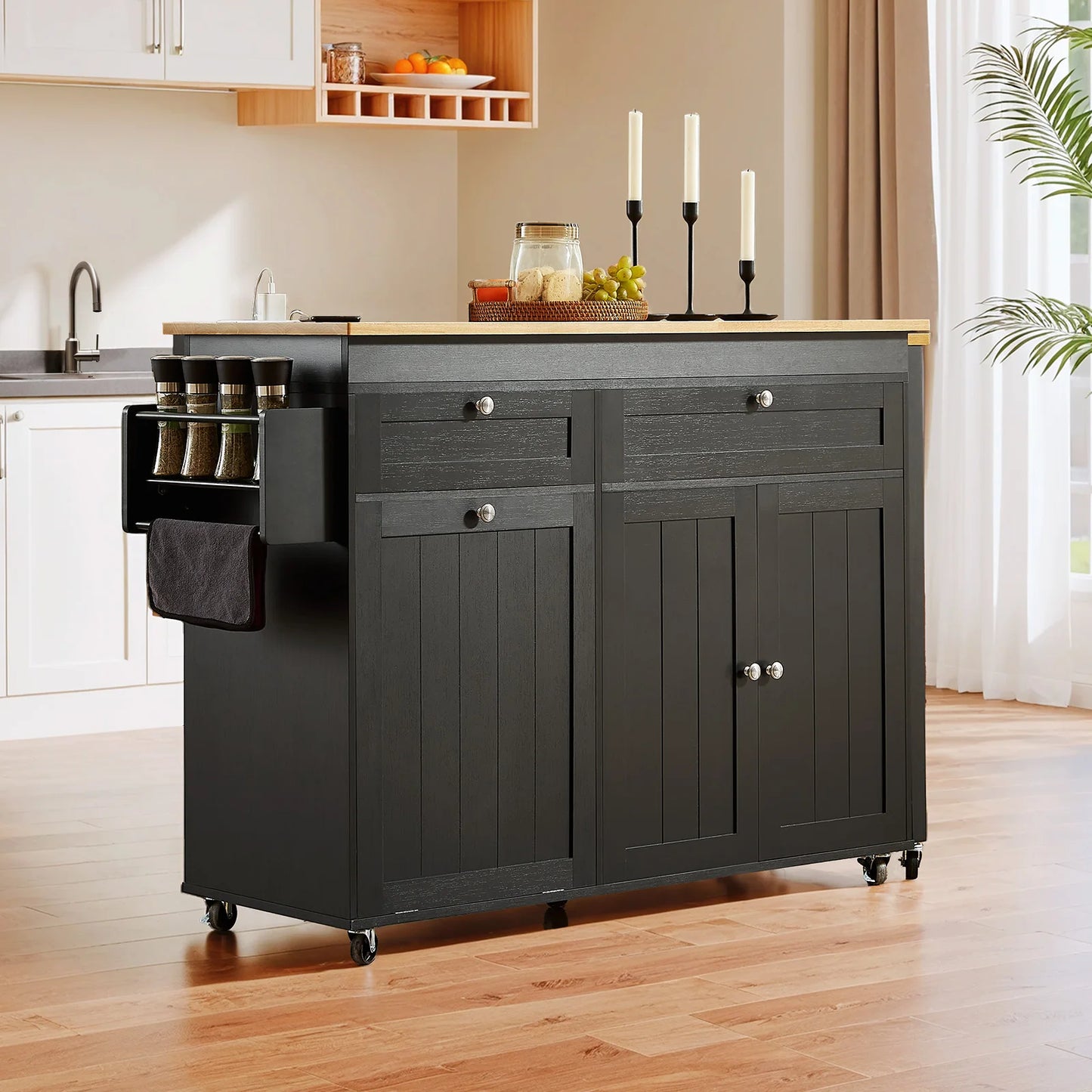 81.7" Mobile Kitchen Storage Islands with Extendable Dining Table, Rolling Kitchen Cart with Power Outlet, Trash Cabinet