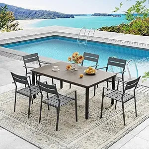 7 Pieces Outdoor Metal Frame Patio Dining Set, with 6 Cream Stackable Metal Chairs and 63" Sand shell Rectangle Dining Table