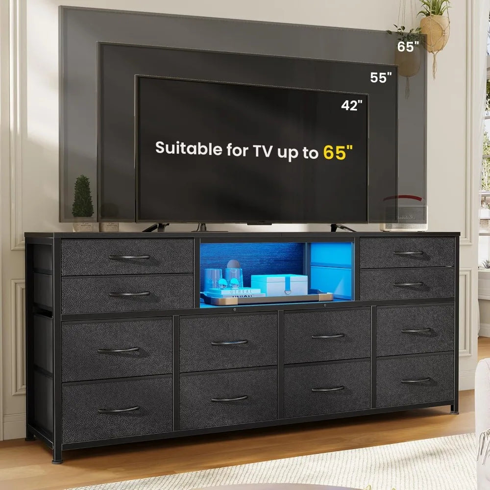 55" Entertainment LED TV Stand Dresser for Bedroom with Power Outlets,12 Drawers, and Media Console Table