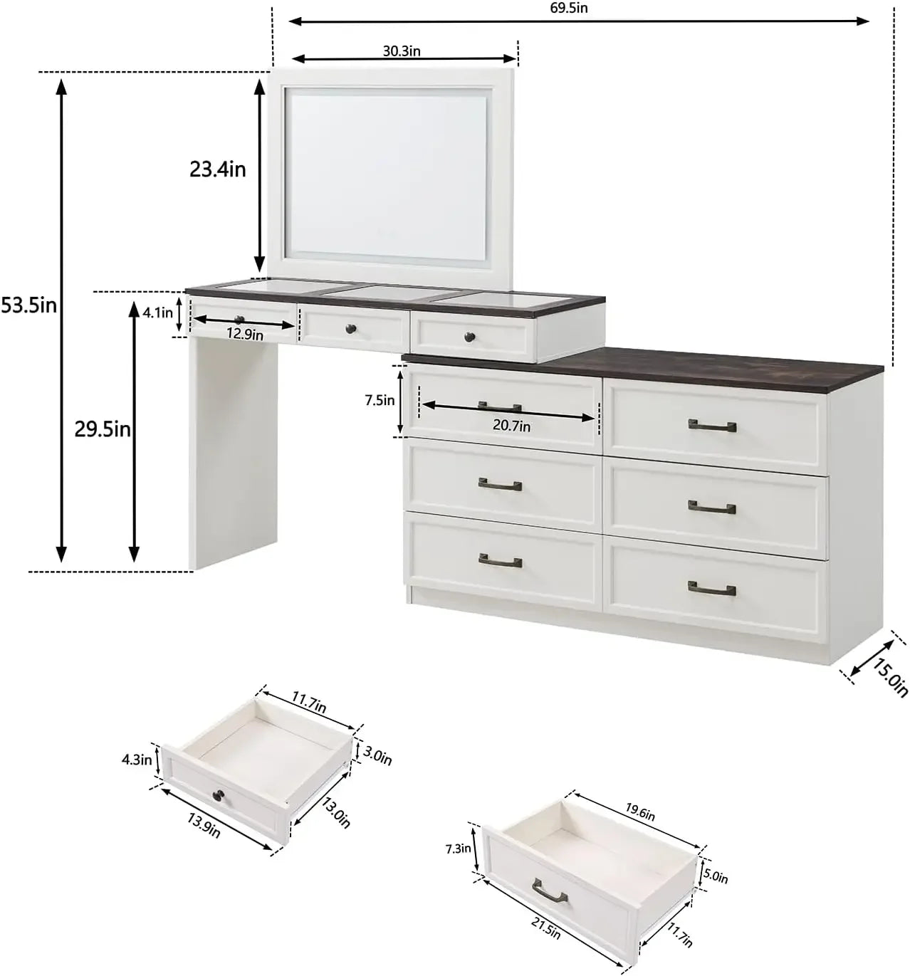 Farmhouse 69" W Big Vanity Desk with Glass Top, Makeup Table, 9 Large Storage Drawers and Color Available Light ,White