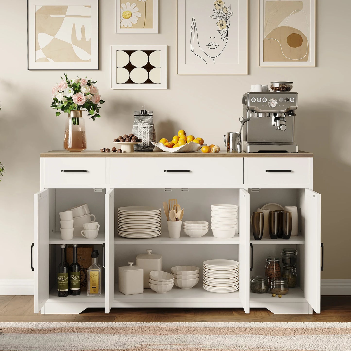 55" Large Sideboard Buffet Storage Cabinet with 3 Drawers and 4 Doors, Wood