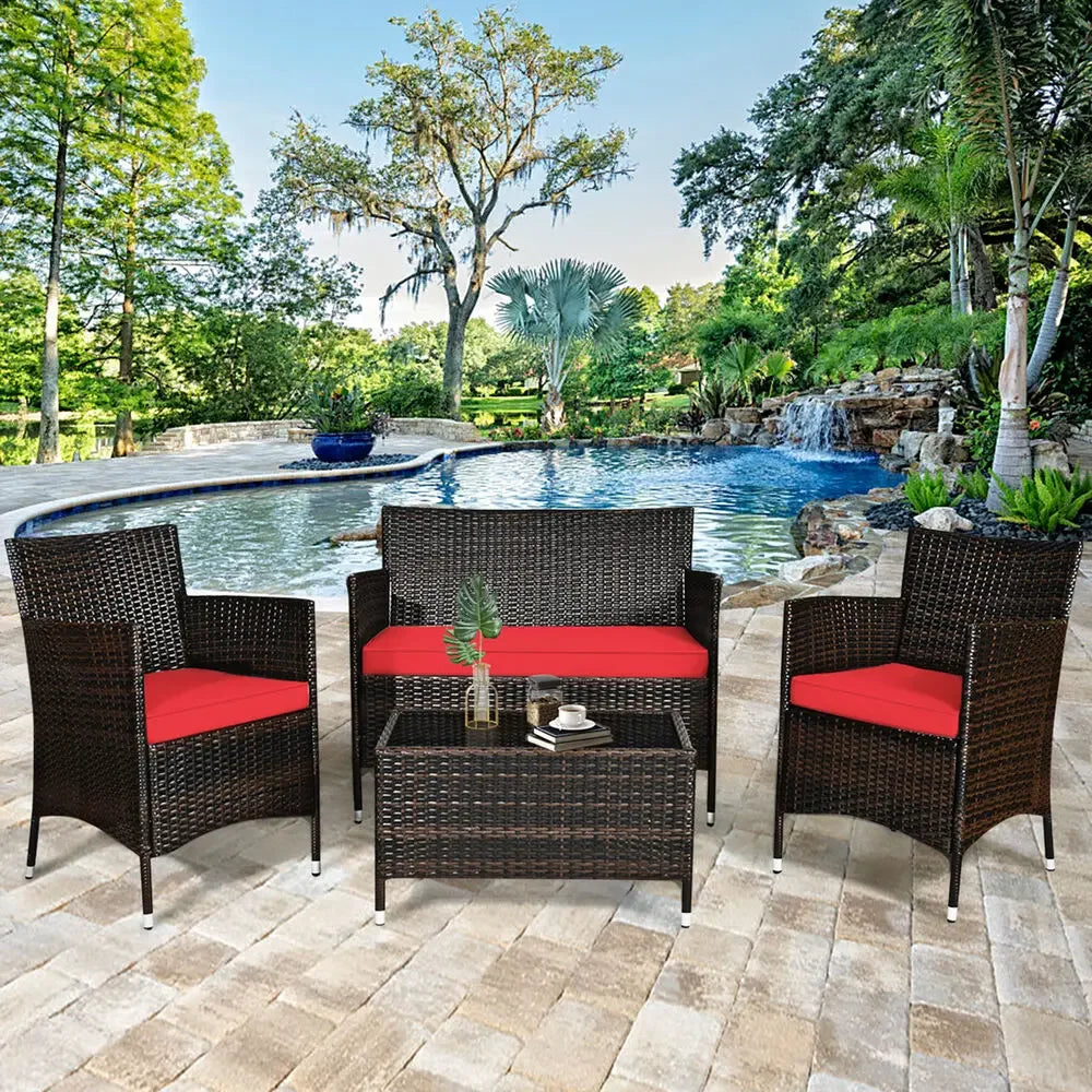 8PCS Weather and Sun Proof Rattan Patio Conversation Set w/ Red Cushion