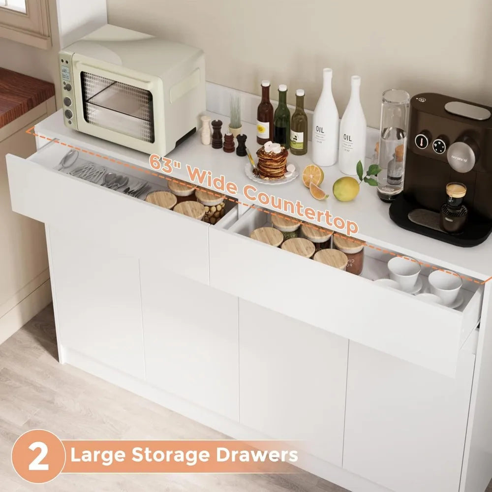 71" Kitchen Pantry Cabinet Hutch with Microwave Stand, Buffet Cabinet with Large Storage Drawers for Dining Room (White