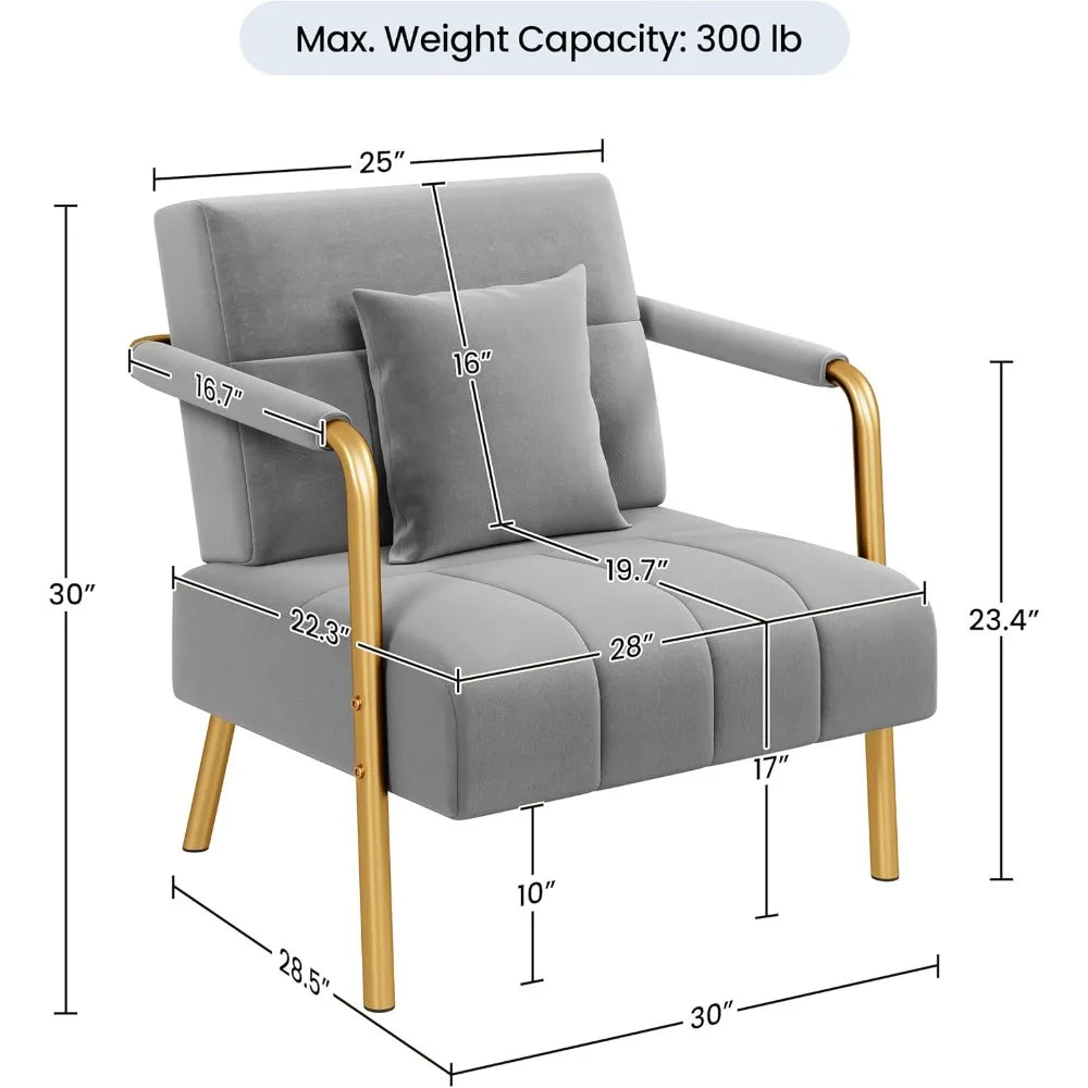 30" W Oversized Velvet Accent Armchair with Golden Frame & Cozy Pillows for the Living Room, Light Gray