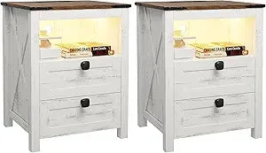 Set of 2 LED Farmhouse Nightstand or Bedside Tables with Gun Drawer, Charging Station for Bedroom