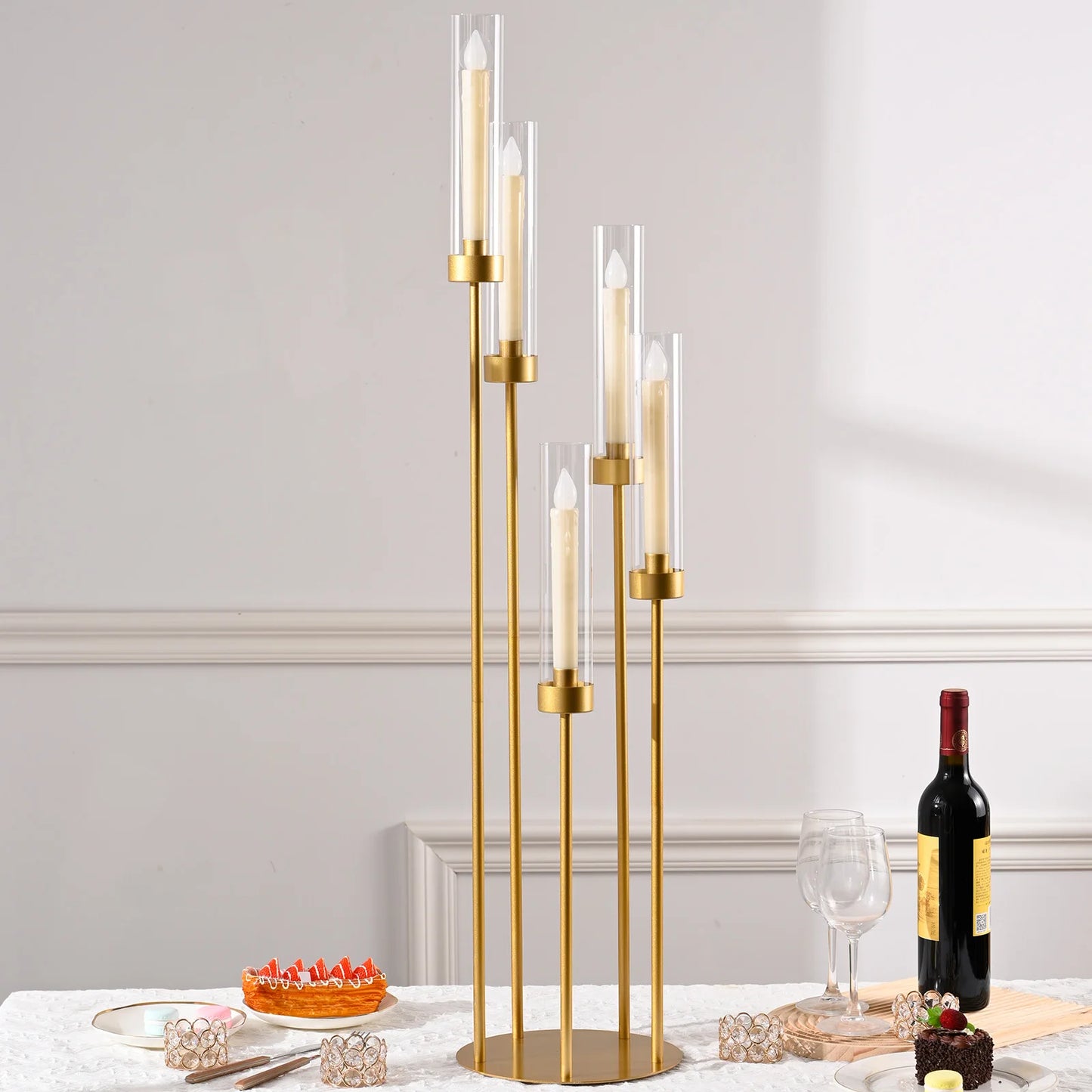 10PCS Tall Gold Floor Candelabra, 5 Arm Candle Holder with Acrylic Lampshade for Wedding Table or Birthday Party