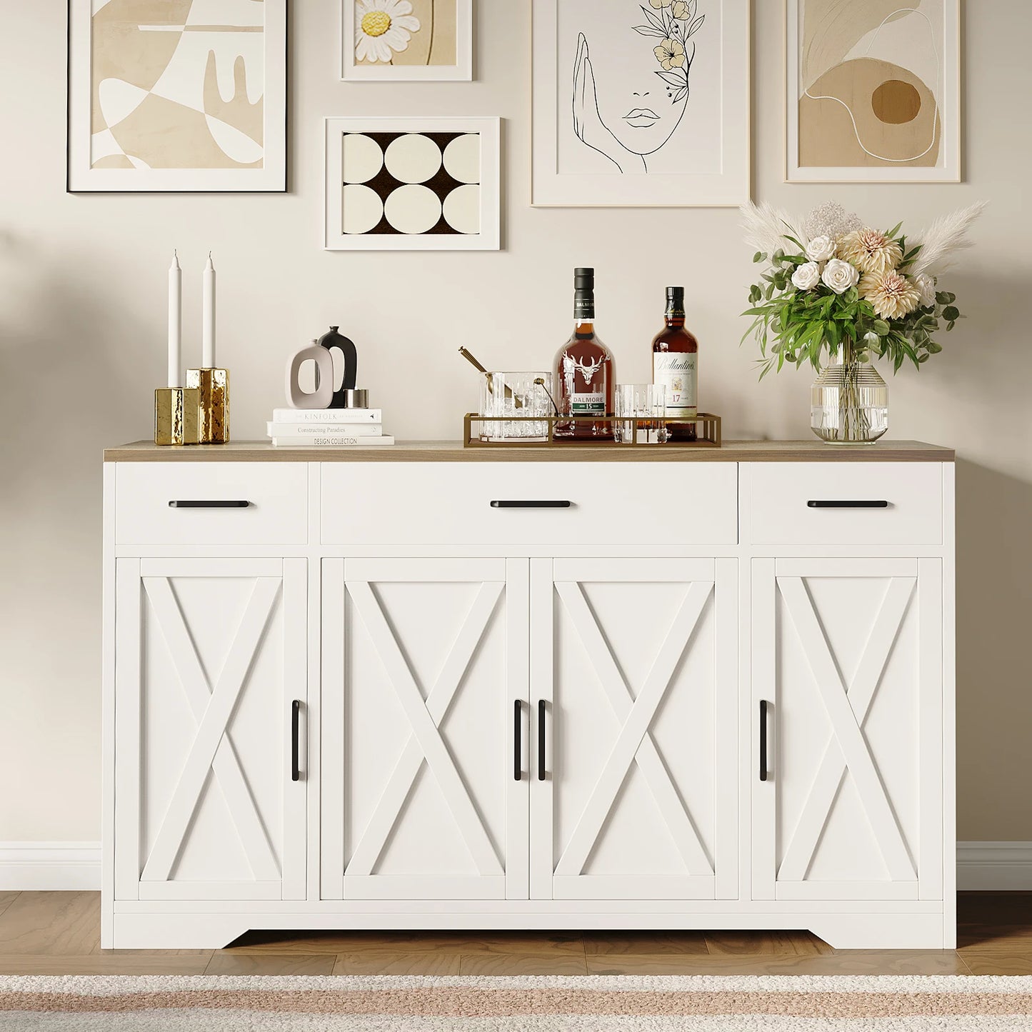 55" Large Sideboard Buffet Storage Cabinet with 3 Drawers and 4 Doors, Wood