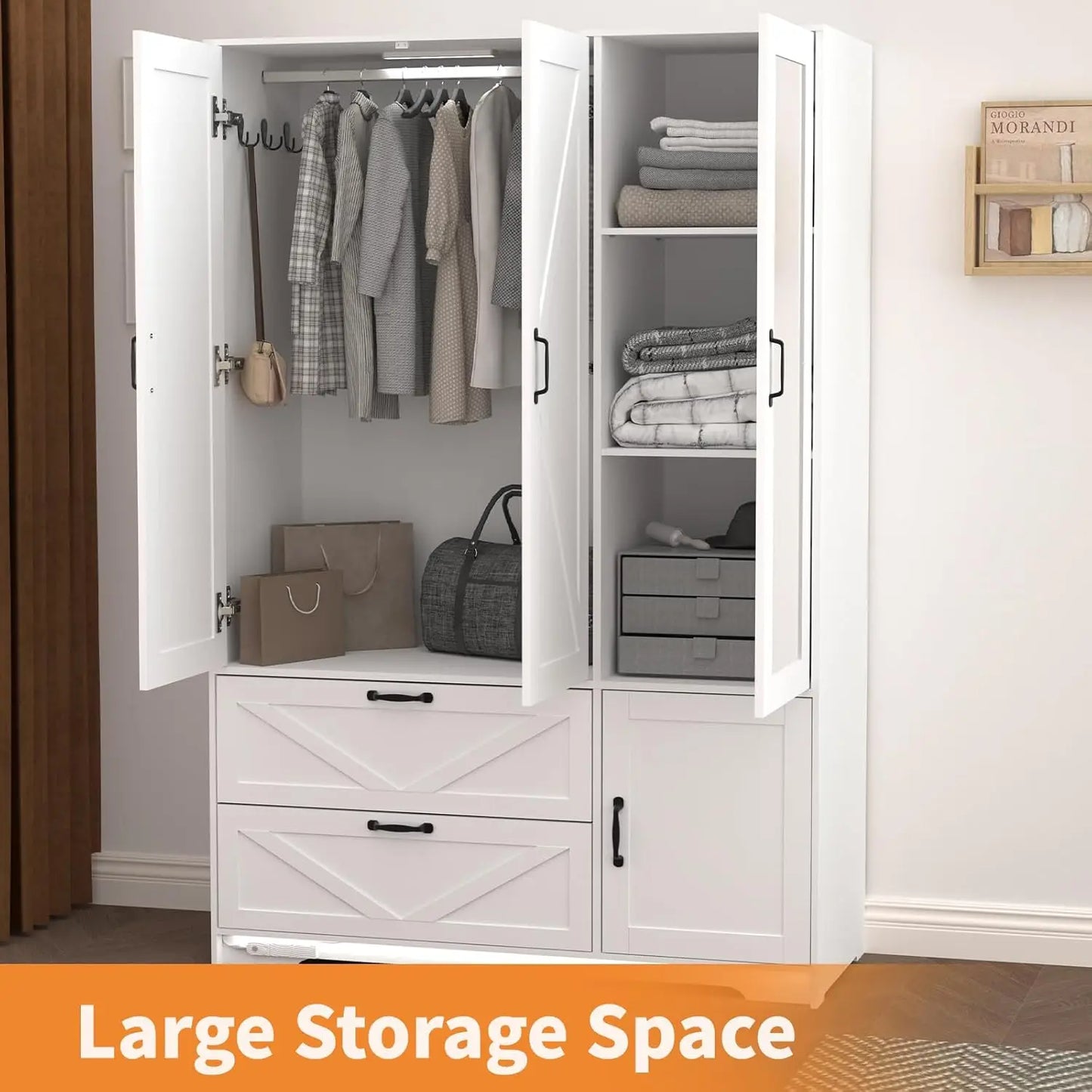 White3-Doors Farmhouse Armoire w/Mirror Door & LED Lights, Drawers & Adjustable Shelves - Wooden Wardrobe for Bedroom