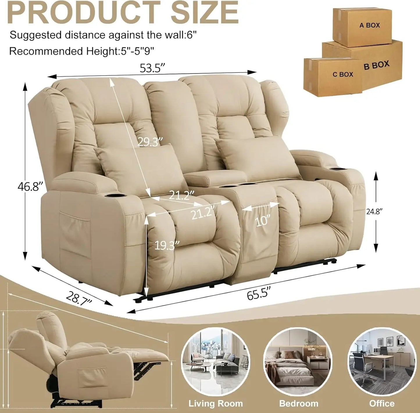 65.5" RV Loveseat Double Recliner for RV Sofa & Console | RV Couch | RV Furniture, Home Theater Seating… (Beige)