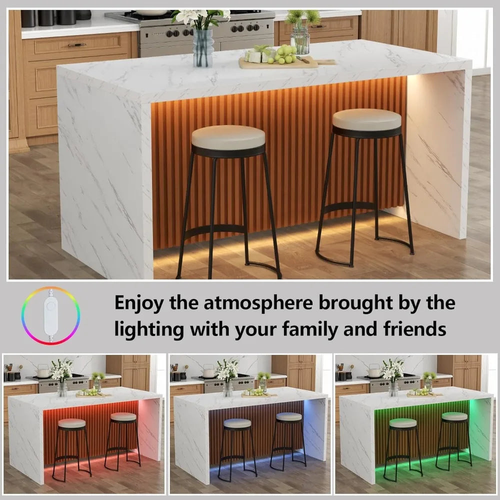 Modern 63" Large Imitation Marble Stripes Island Dining Table for 4-6 People LED Lights