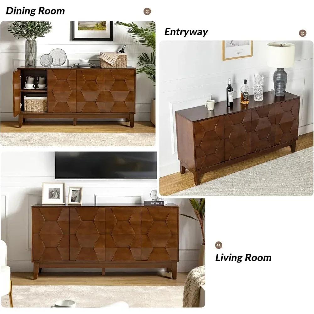 60" Kitchen Storage Credenza Sideboard Buffet Cabinet with Solid Wood Legs, 4 Doors and 2 Shelves, Cabinet for Dishes