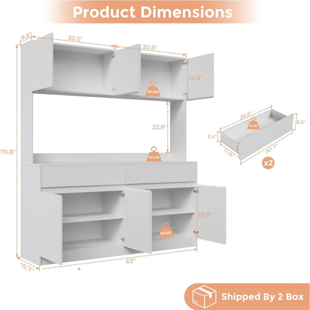 71" Kitchen Pantry Cabinet Hutch with Microwave Stand, Buffet Cabinet with Large Storage Drawers for Dining Room (White