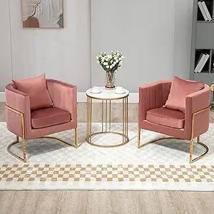 Velvet Modern Accent Chairs Set of 2, Upholstered Barrel Armchair Mid Century with Pillow for Living Room, Comfy Single Vanity C