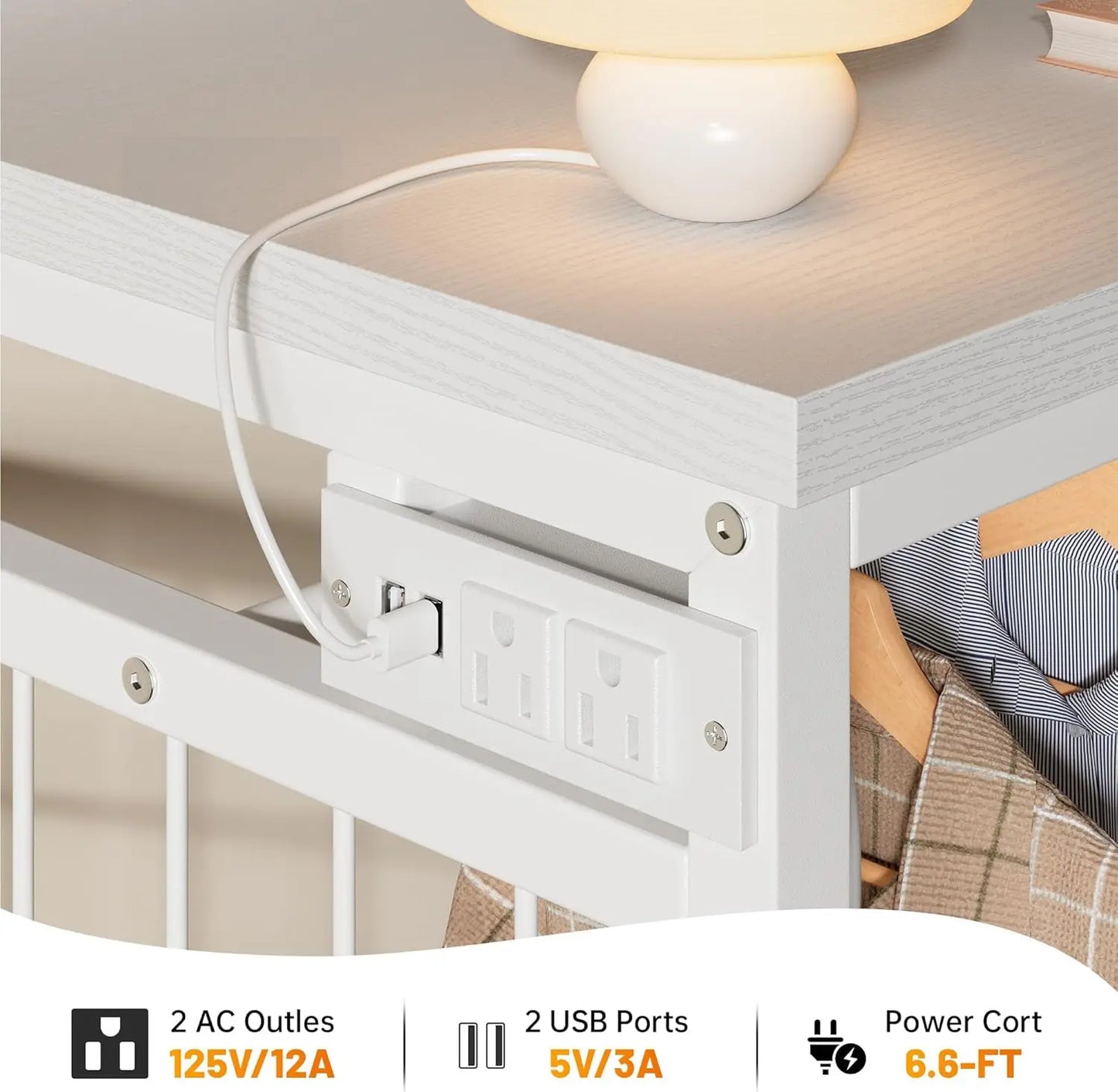 49.2" W White 6 Drawer Dresser for Bedroom with Hanging Rack, LED Lights & Charging Station, Fabric Dressers