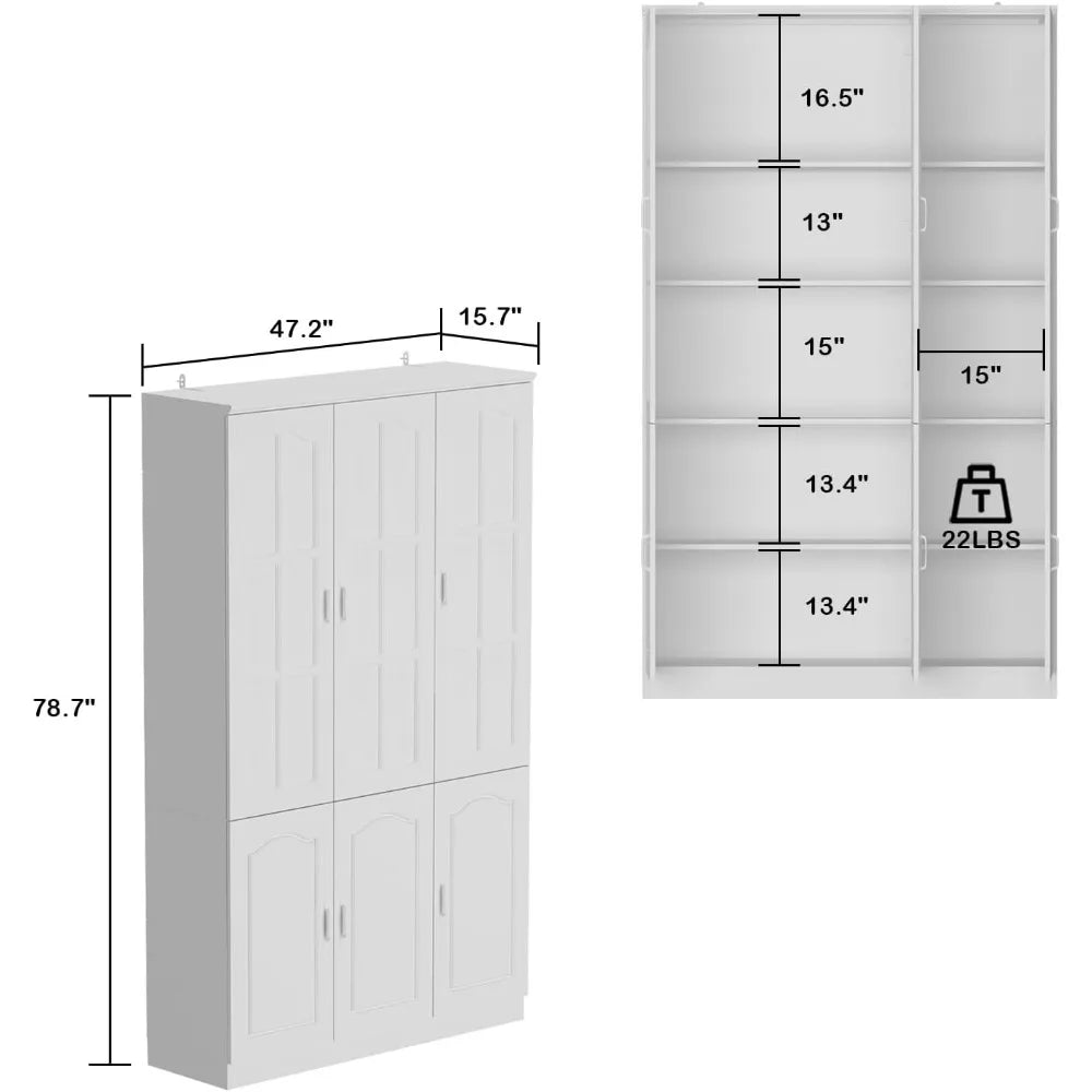 Freestanding Kitchen Pantry with 3 Glass Doors, Tall Kitchen Pantry Cabinet, 5-Tier Shelves, and Large Storage Cabinet Cupboard