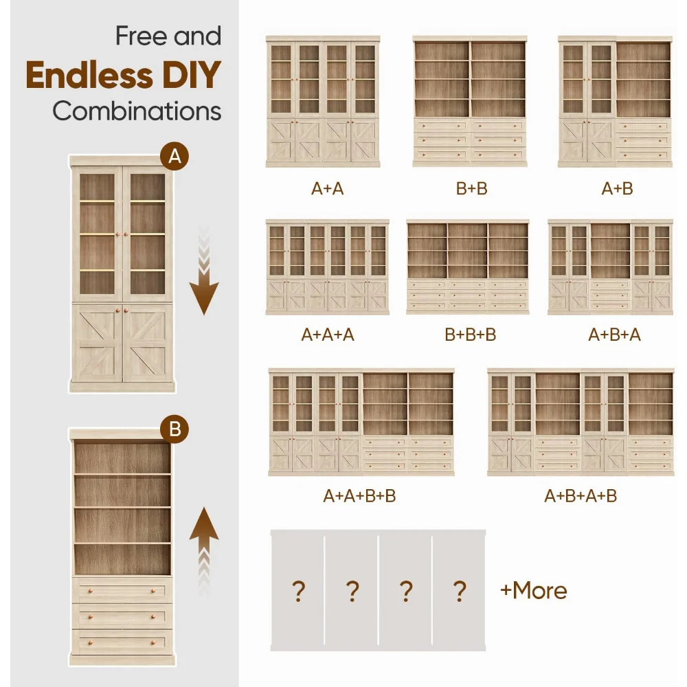 71" Tall Farmhouse Set of 3 Large Storage Cabinets with Glass Doors & Adjustable Shelves, Versatile Wood Hutch