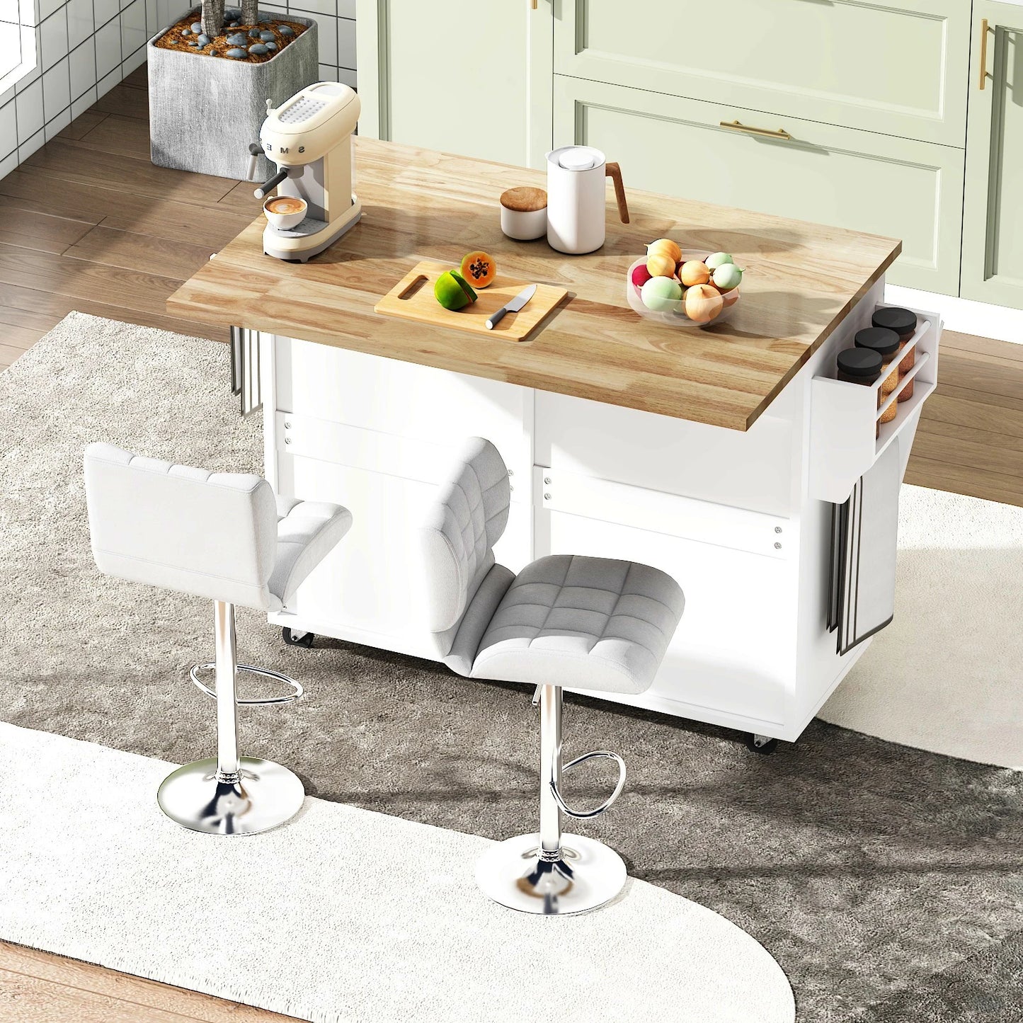 Kitchen Island Table on Wheels with Storage, Drop Leaf, Spice & Towel Rack