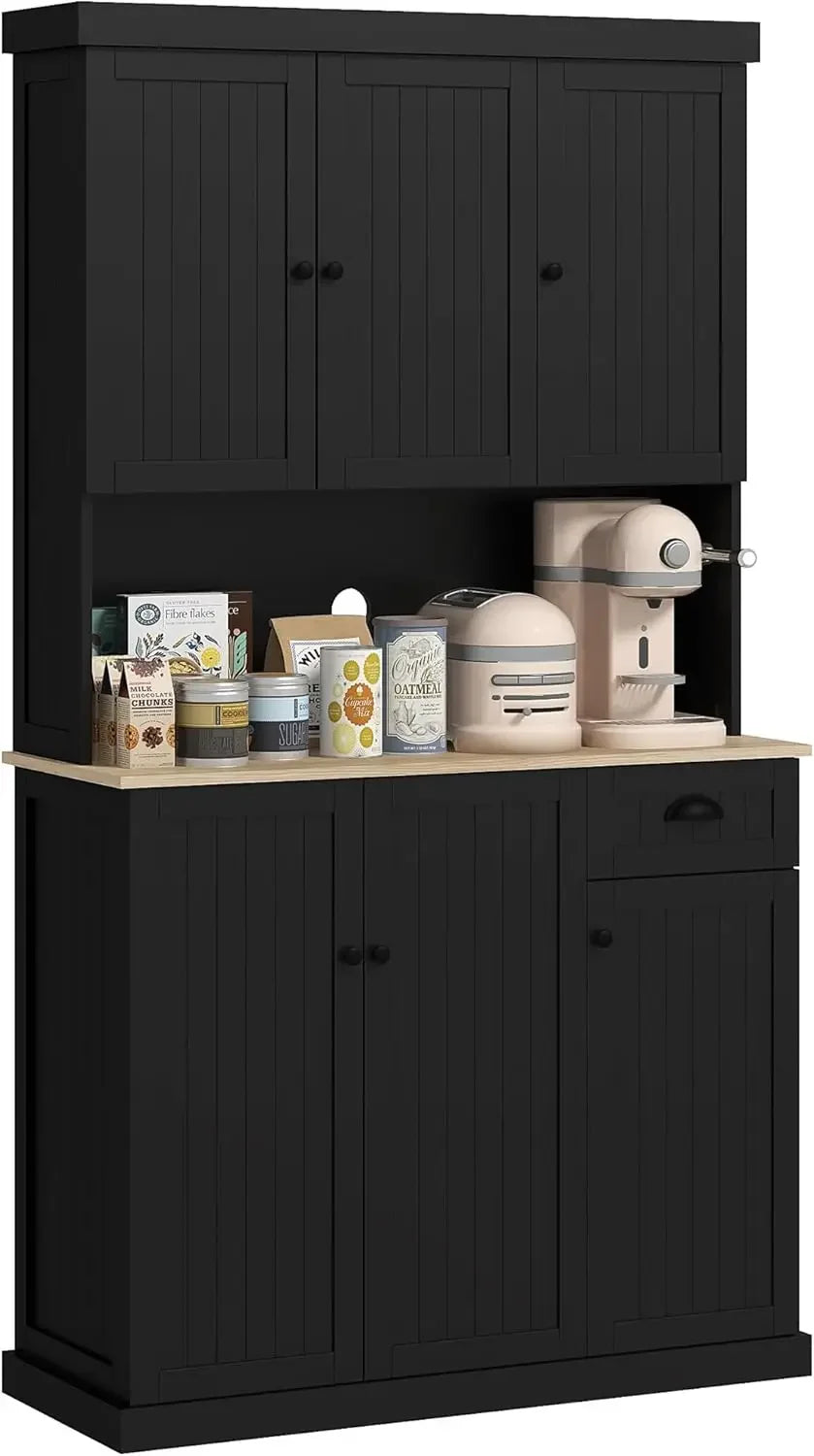 71" Modern Farmhouse Buffet Kitchen Pantry Storage Cabinet with Microwave Oven Countertop, Drawers and Hutch