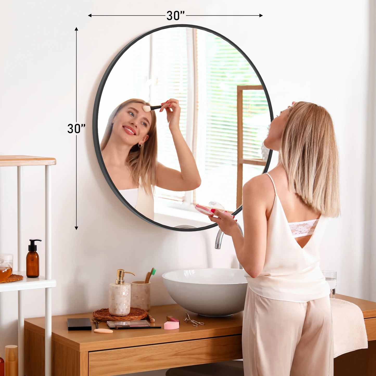 Large Gold Round 30 inch Modern Tempered Glass Framed Mirror for the Wall in Bedrooms or Living Room
