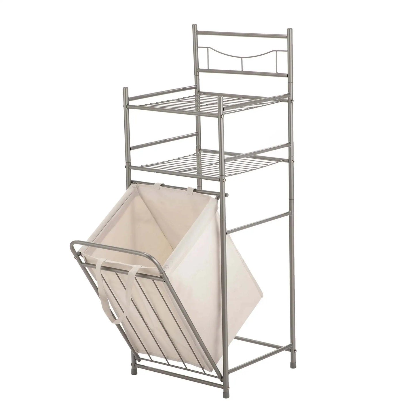2-Shelf Steel Storage Shelf Unit with Hamper, Satin Nickel, Holds up to 20 lb. Capacity