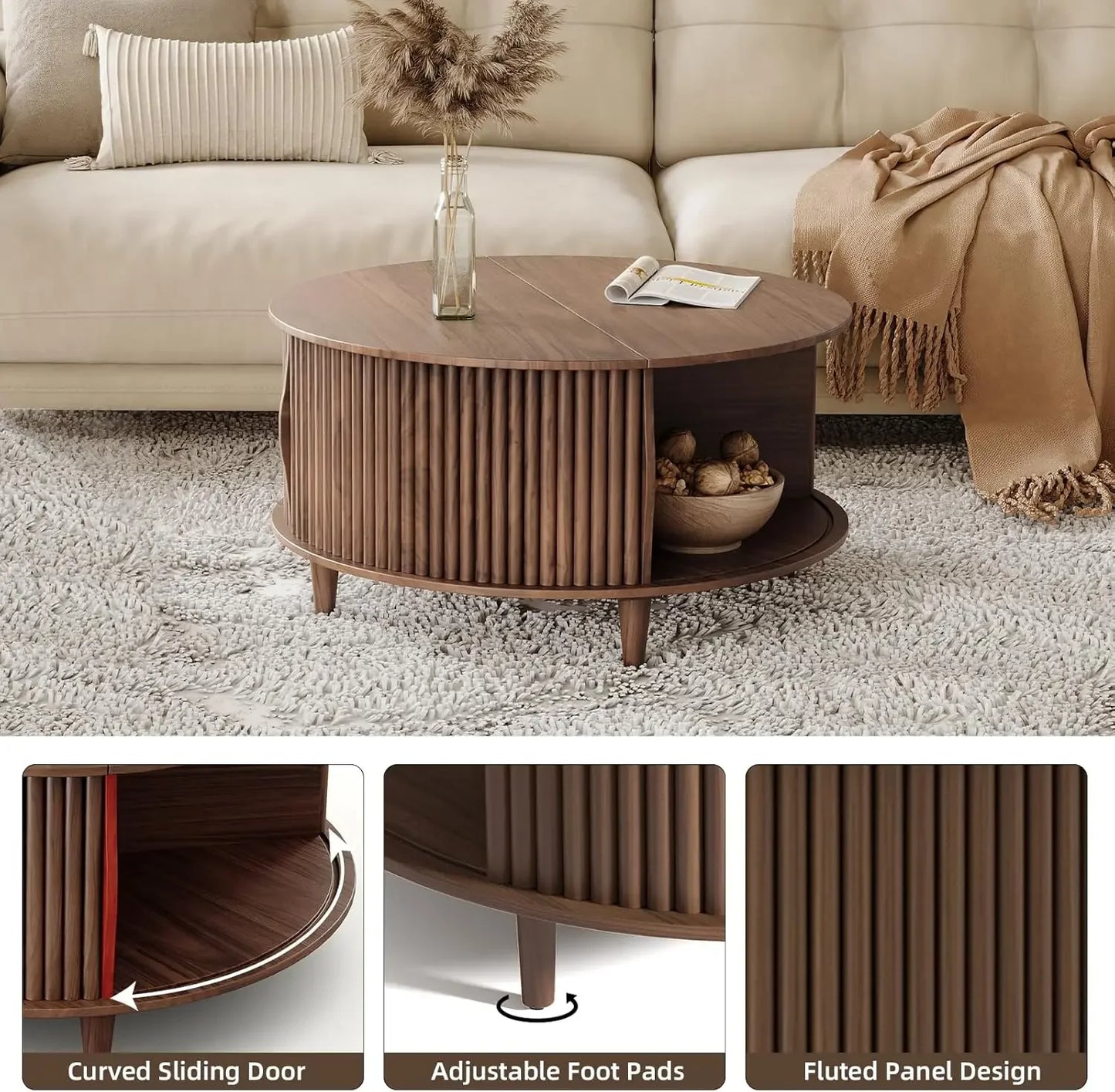 Modern Mid Century Round Coffee Table with Storage and Sliding Cabinet Door for the Living Room Home Center