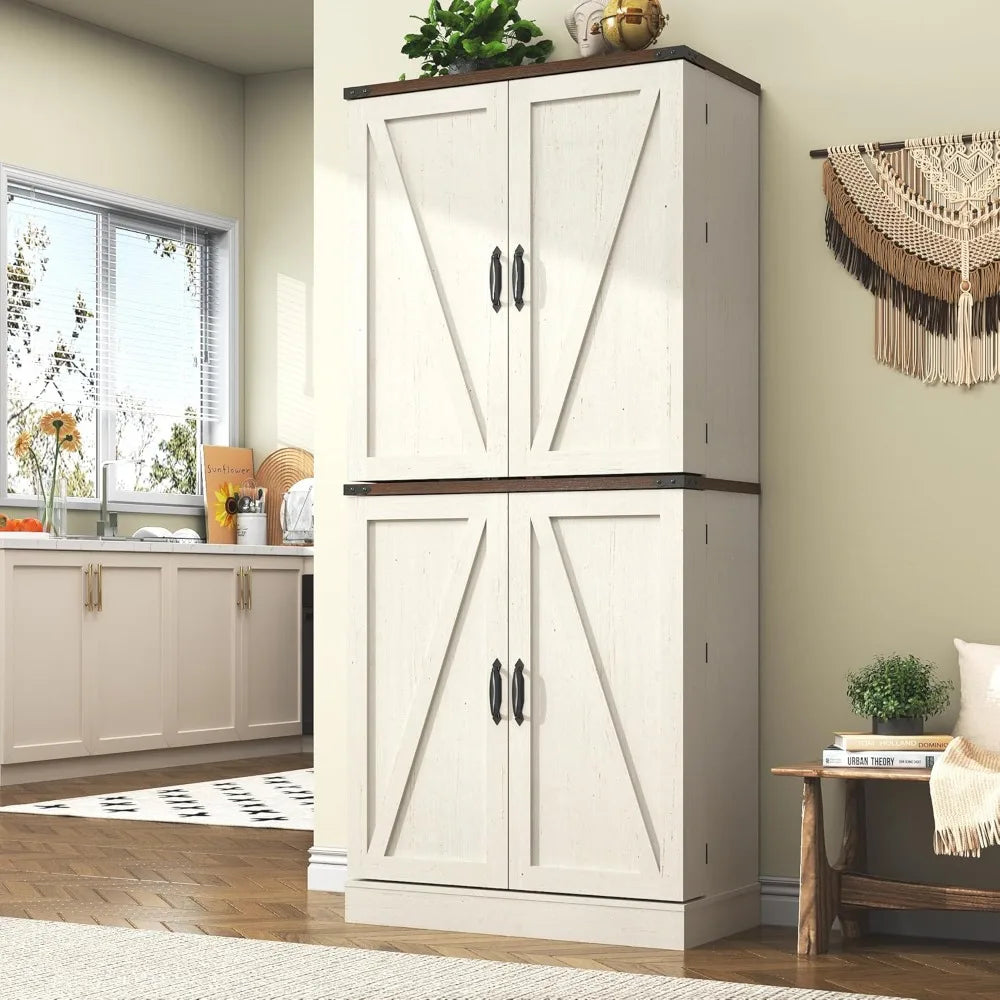 71" Tall Farmhouse Rustic Wood Kitchen Pantry Cabinet with Adjustable Shelves & 4 Barn Doors & Drawers