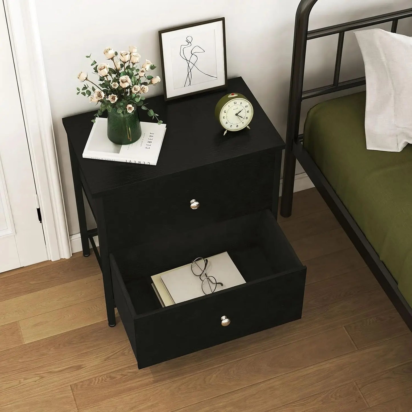 Modern Small Black Nightstands Set of 2 with 2 Fabric Drawers Dresser for Bedroom