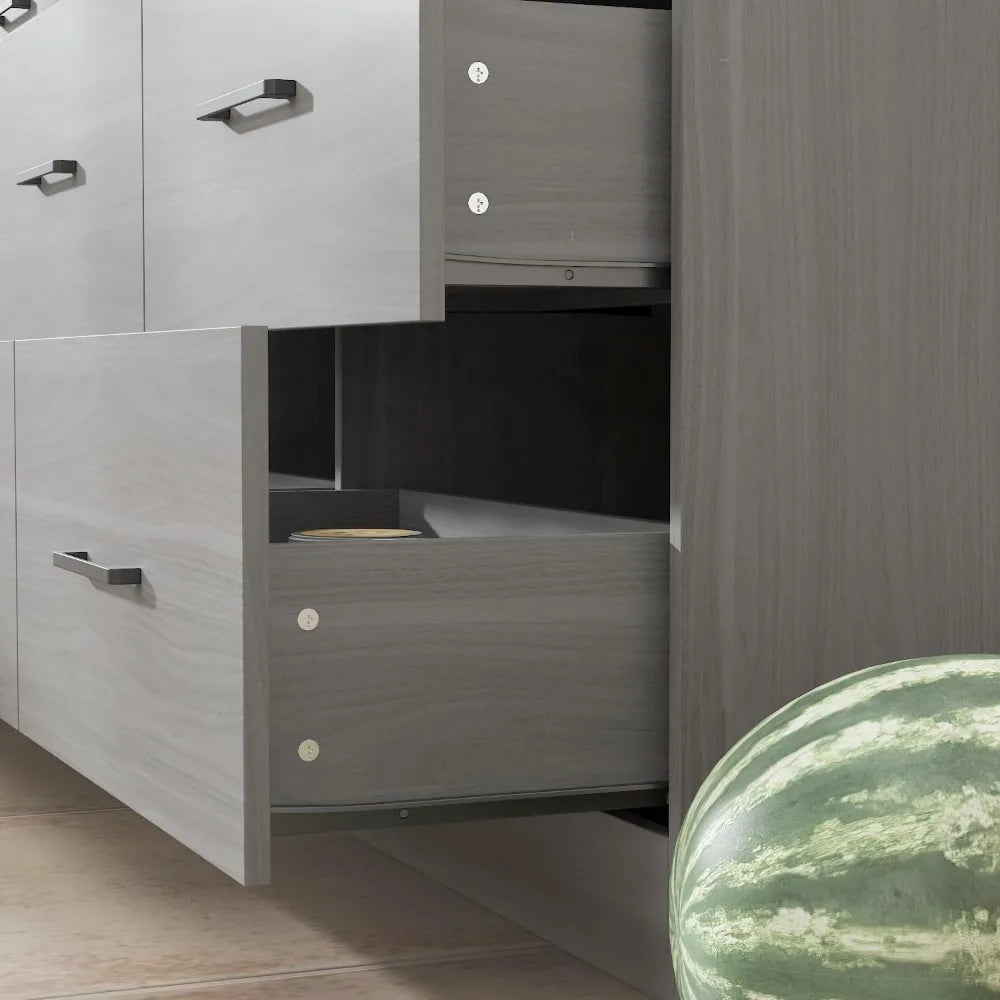94.5" W Modern Wooden Kitchen Pantry with Countertop, 12 Drawers & 4 Glass Doors, Cupboard Storage Cabinet and 6 Hidden Shelves