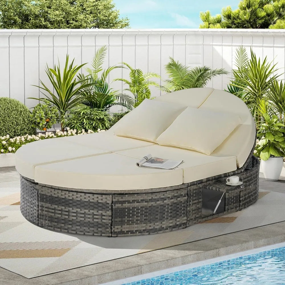 Outdoor Round Patio Daybed, Rattan Sun Bed with Adjustable Backrests and Foldable Cup Trays, Reclining Outdoor Lounger with Cus