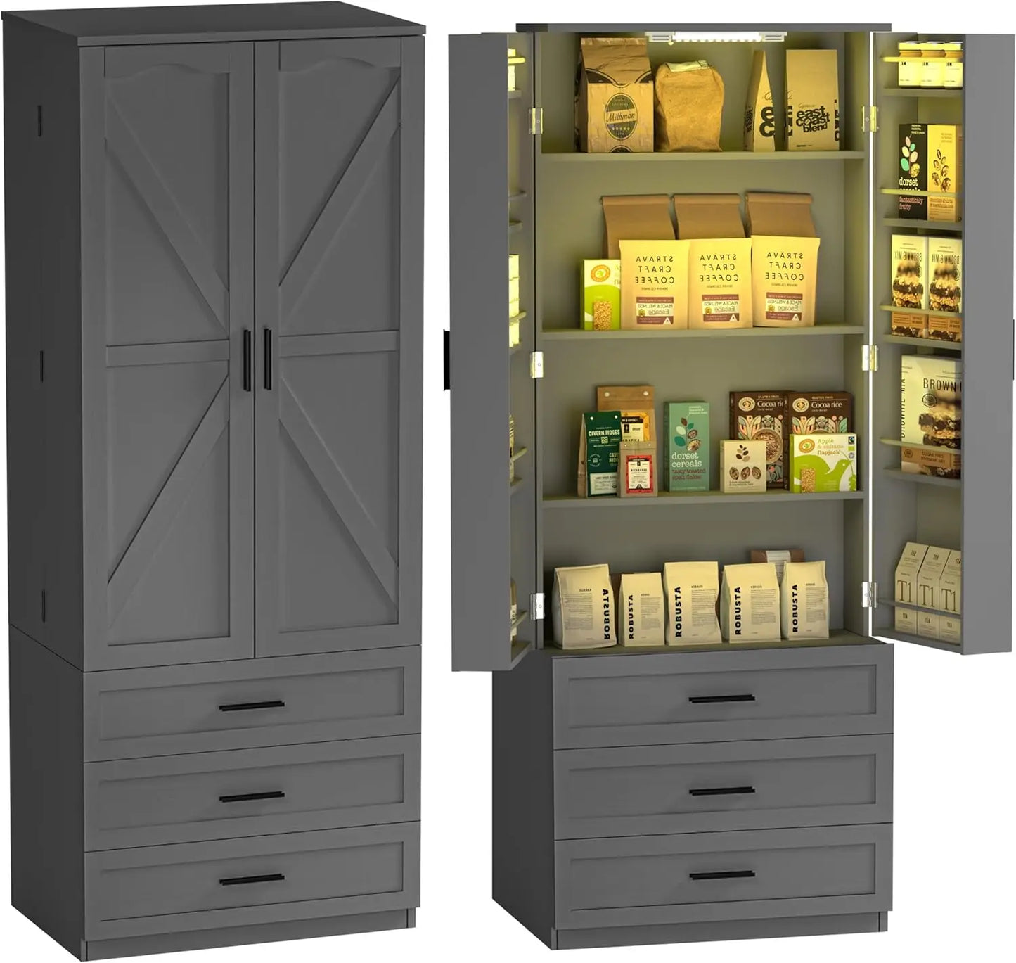 72" LED Farmhouse Tall Storage 3 Drawers Wood Food Pantry with Barn Doors