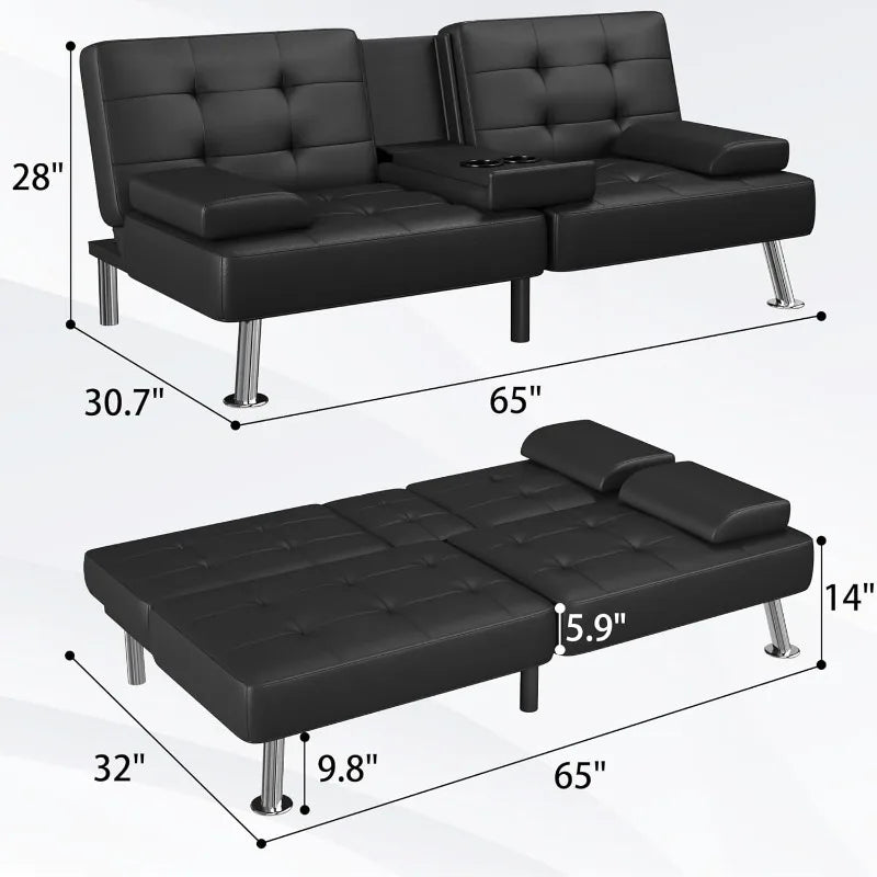 Modern Folding Convertible Recliner Futon Sofa Bed Set for Living Room with 2Cup Holders and Removable Armrests