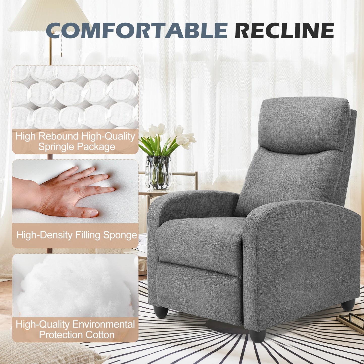 Modern Adjustable Massage Fabric Theater Lumbar Support Padded Seat & Backrest Recliner