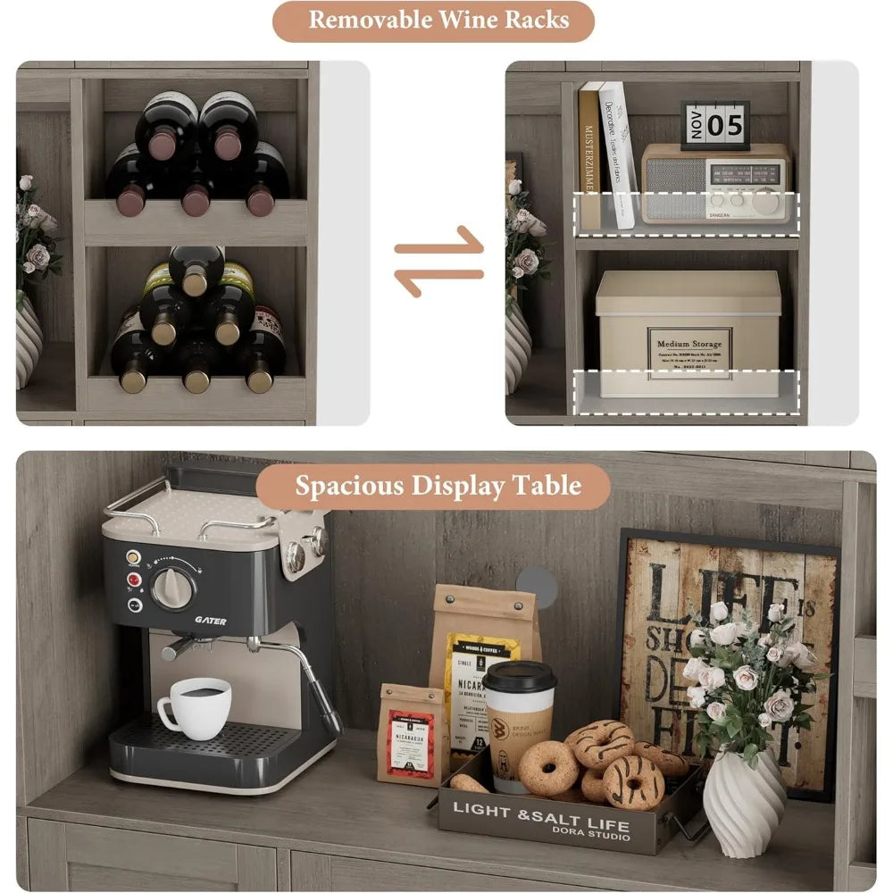 72" Tall Large Modern Kitchen Hutch Pantry Storage Cabinet with Wine Rack, Microwave Stand for Kitchen or Dining Room