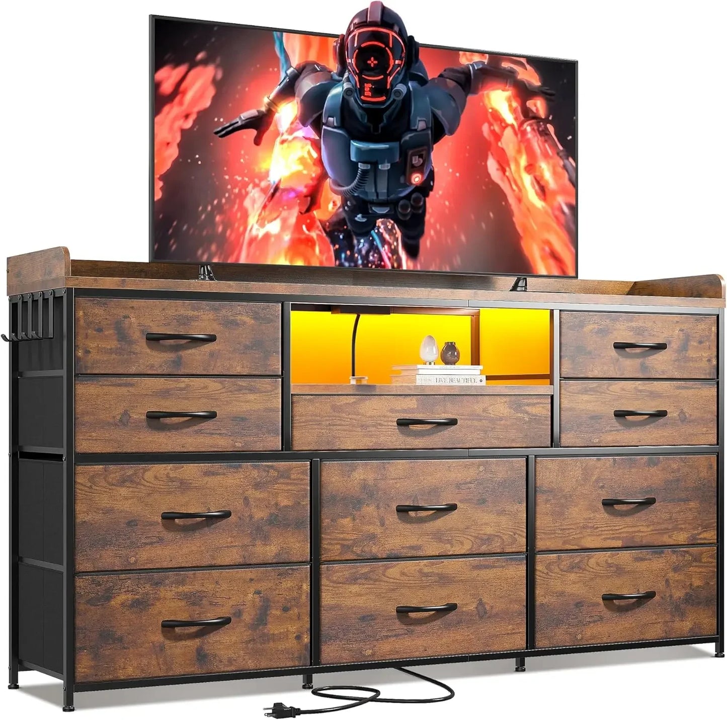 60" Long Dresser TV Stand with 11 Drawers, LED Lights, Charging Station for Bedroom
