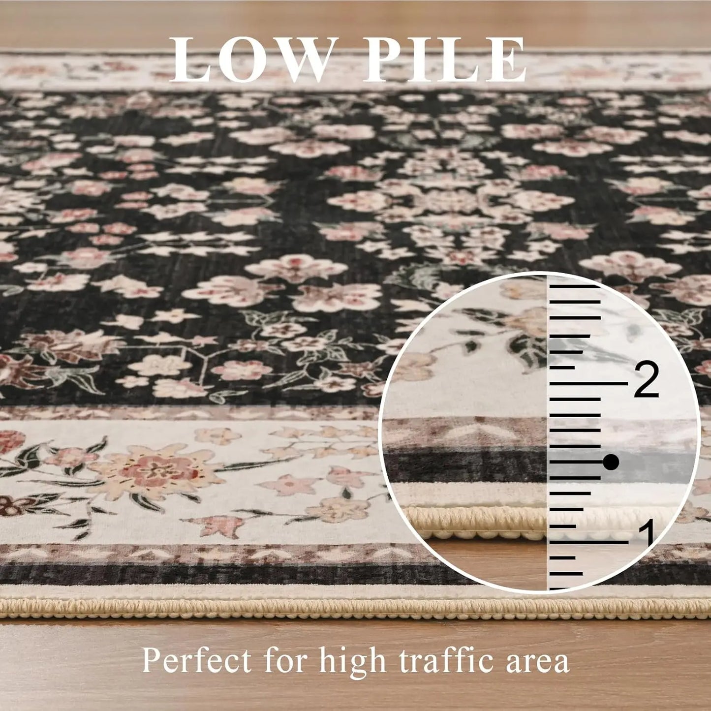 Washable Vintage Floral Print Soft Low Pile Non-Slip Rugs for Living Room and Bedroom
