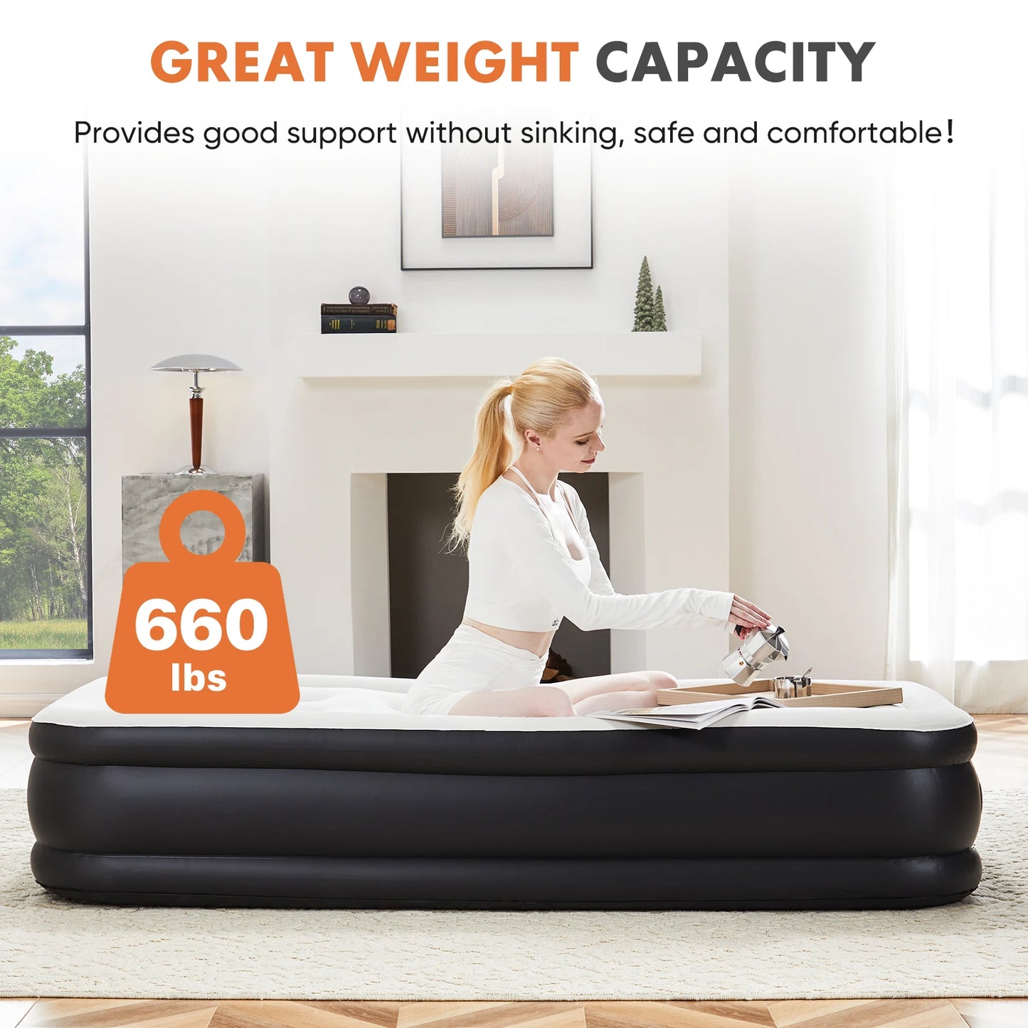Queen Twin Size Air Mattress Blow Up Double Height Non-Slip Bottom for Bedroom, Home or Camping Weight Capacity 660 lbs.