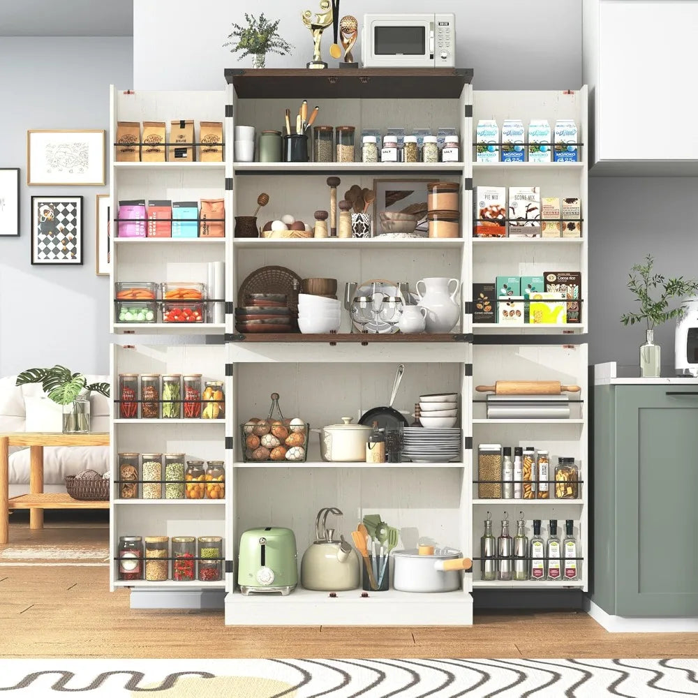 71" Tall Farmhouse Rustic Wood Kitchen Pantry Cabinet with Adjustable Shelves & 4 Barn Doors & Drawers