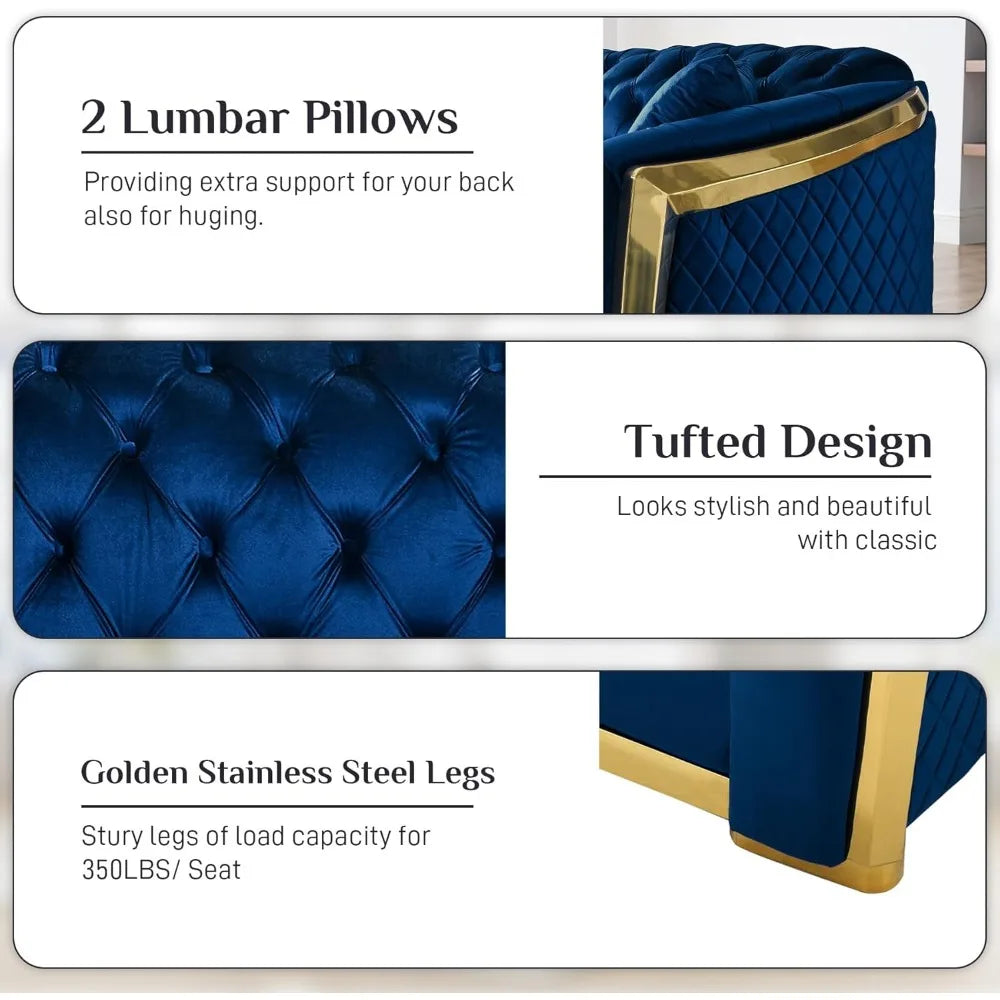 81" 3 Seater Modern Mid Century Velvet Chesterfield Blue and Gold Luxury Curved Loveseat and Sofa Couch for Living Room