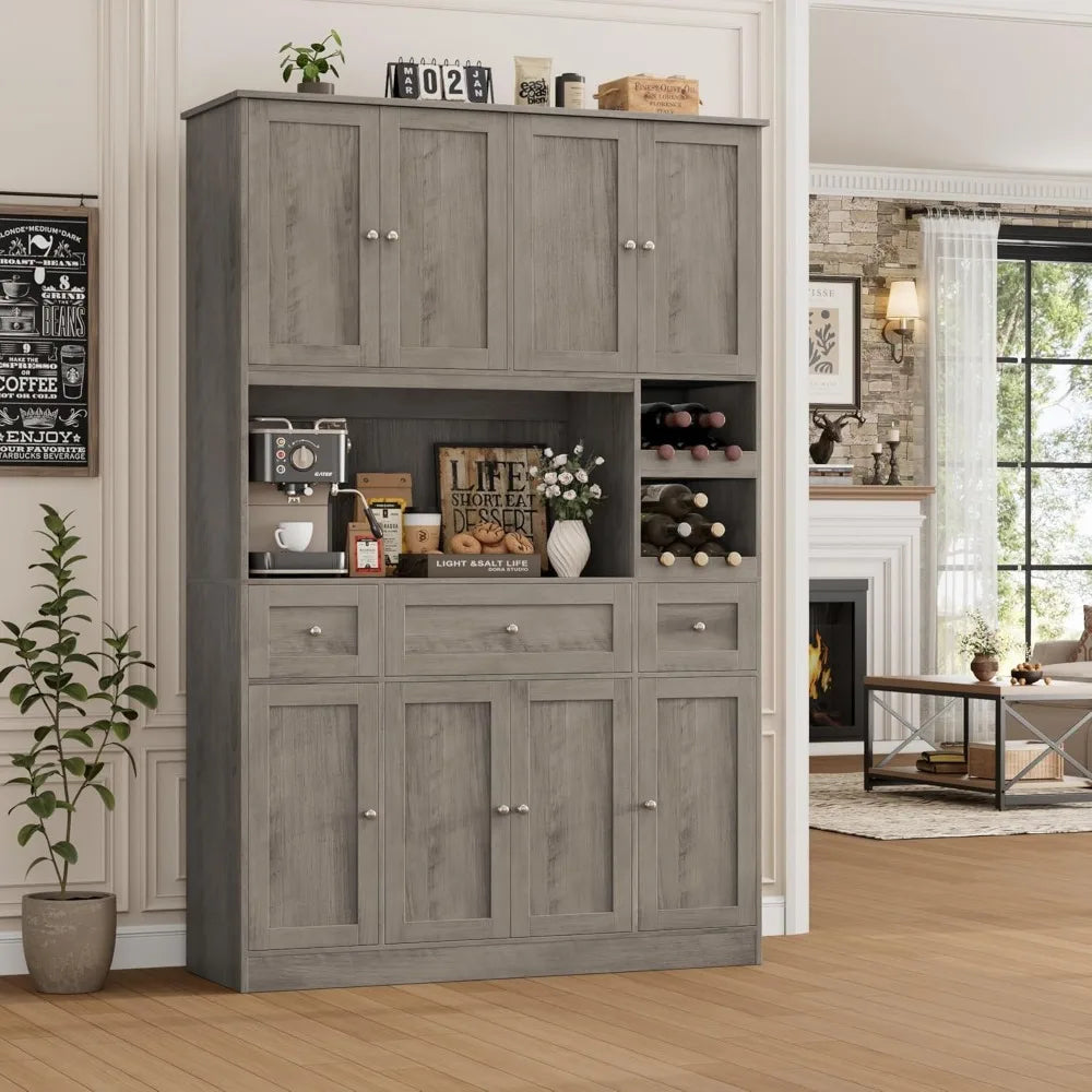 72" Tall Large Modern Kitchen Hutch Pantry Storage Cabinet with Wine Rack, Microwave Stand for Kitchen or Dining Room