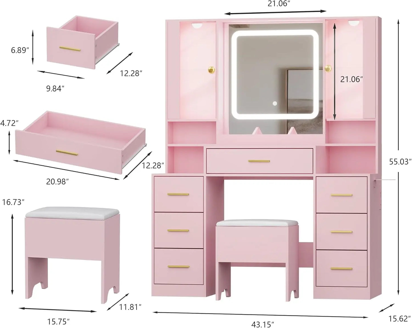 7 Drawer Makeup Vanity with LED Light Strip Mirror and Chair for your Teens