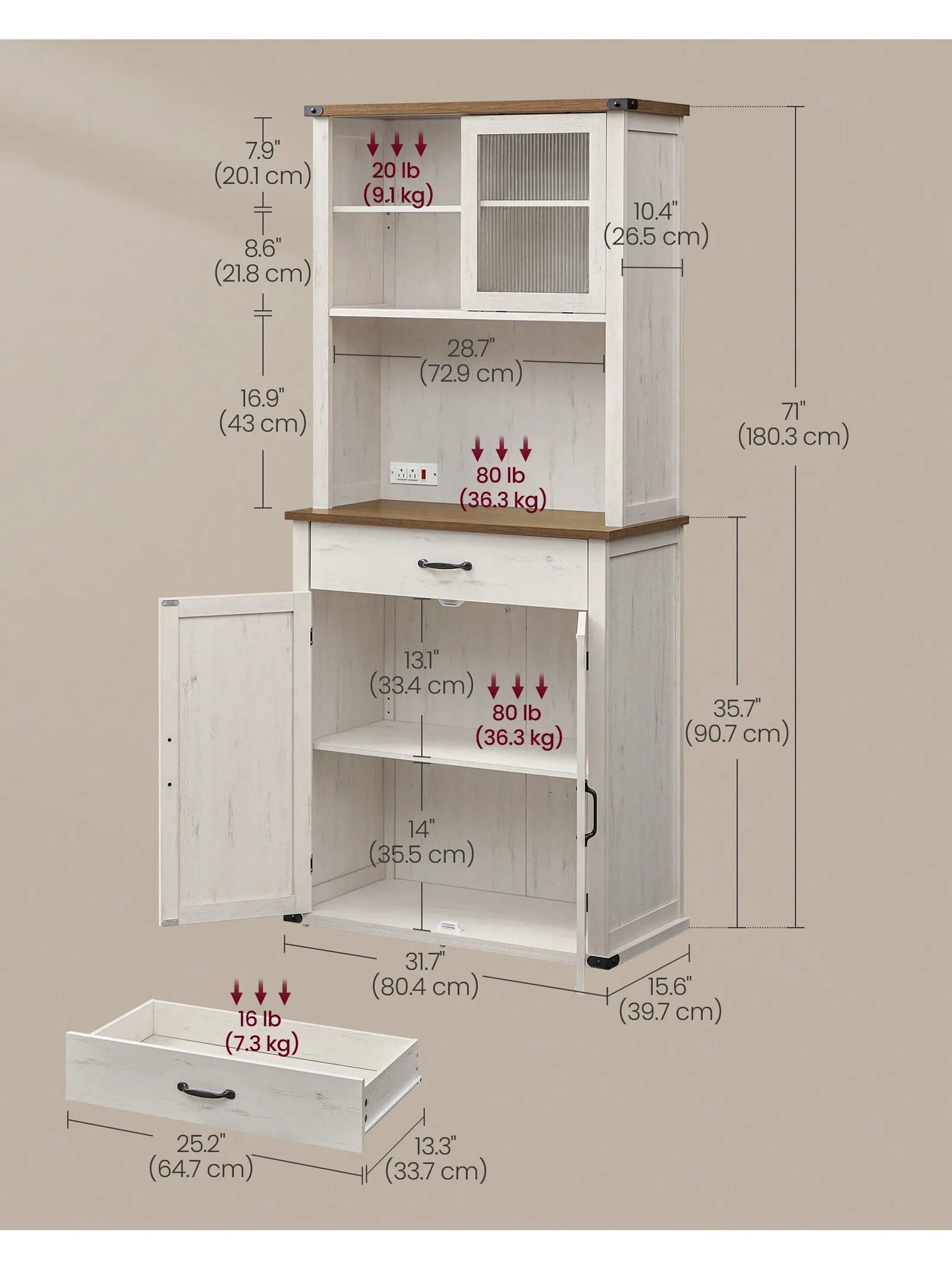 71" Farmhouse Storage Pantry Cabinet With Lights And Charging Station With Doors And Drawer