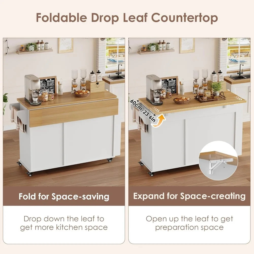 Rolling Kitchen Island on Wheels with Storage, Wood Drop Leaf Countertop and Spice Rack