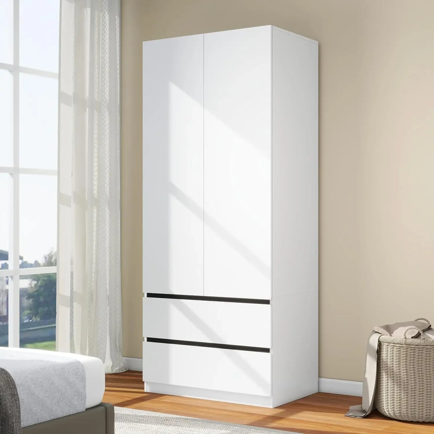 75" White Wooden Wardrobe with Drawers and Doors