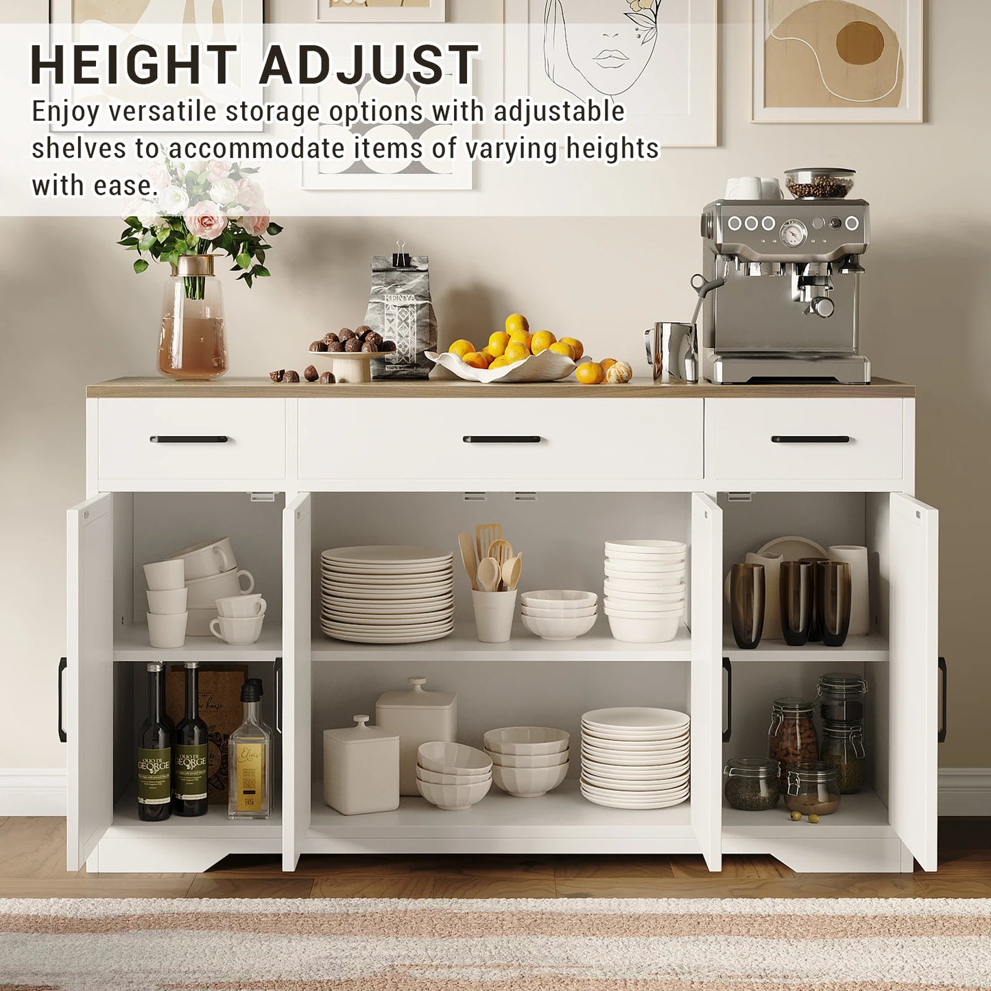 55" Large Sideboard Buffet Storage Cabinet with 3 Drawers and 4 Doors, Wood