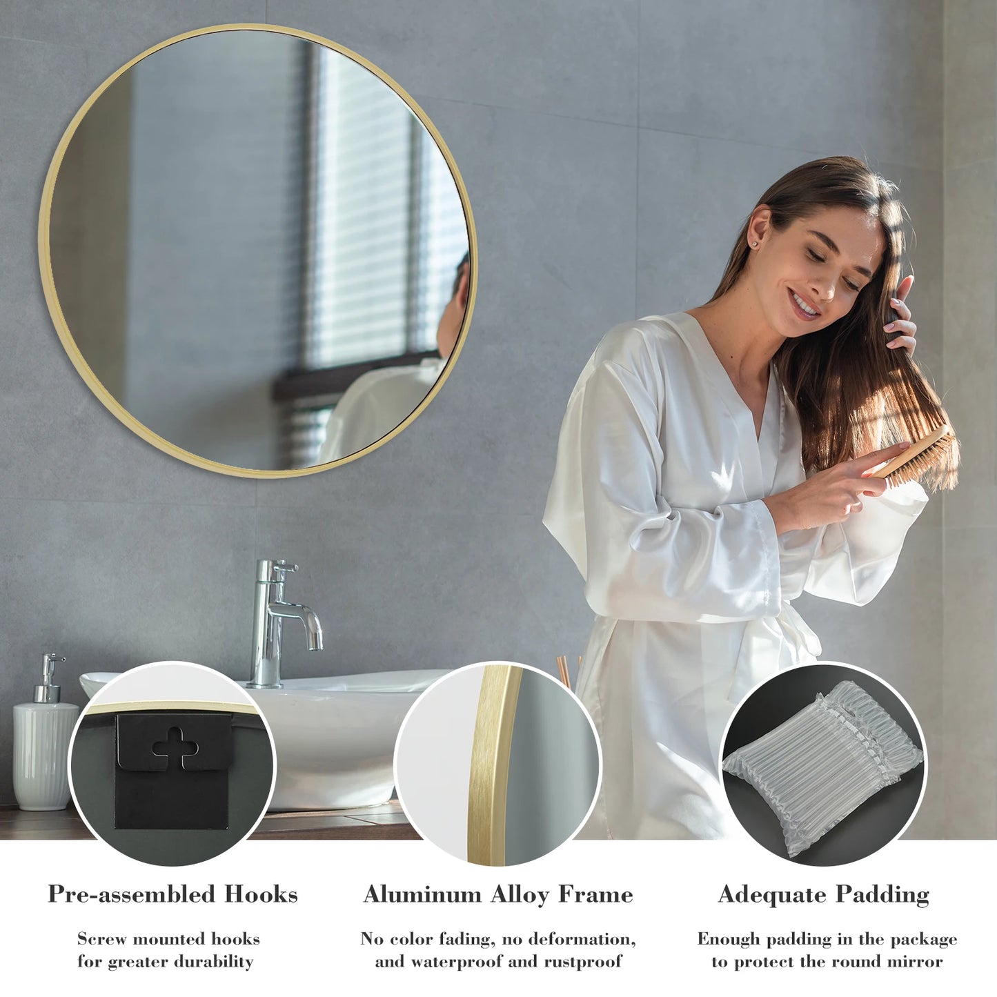 Large Gold Round 30 inch Modern Tempered Glass Framed Mirror for the Wall in Bedrooms or Living Room
