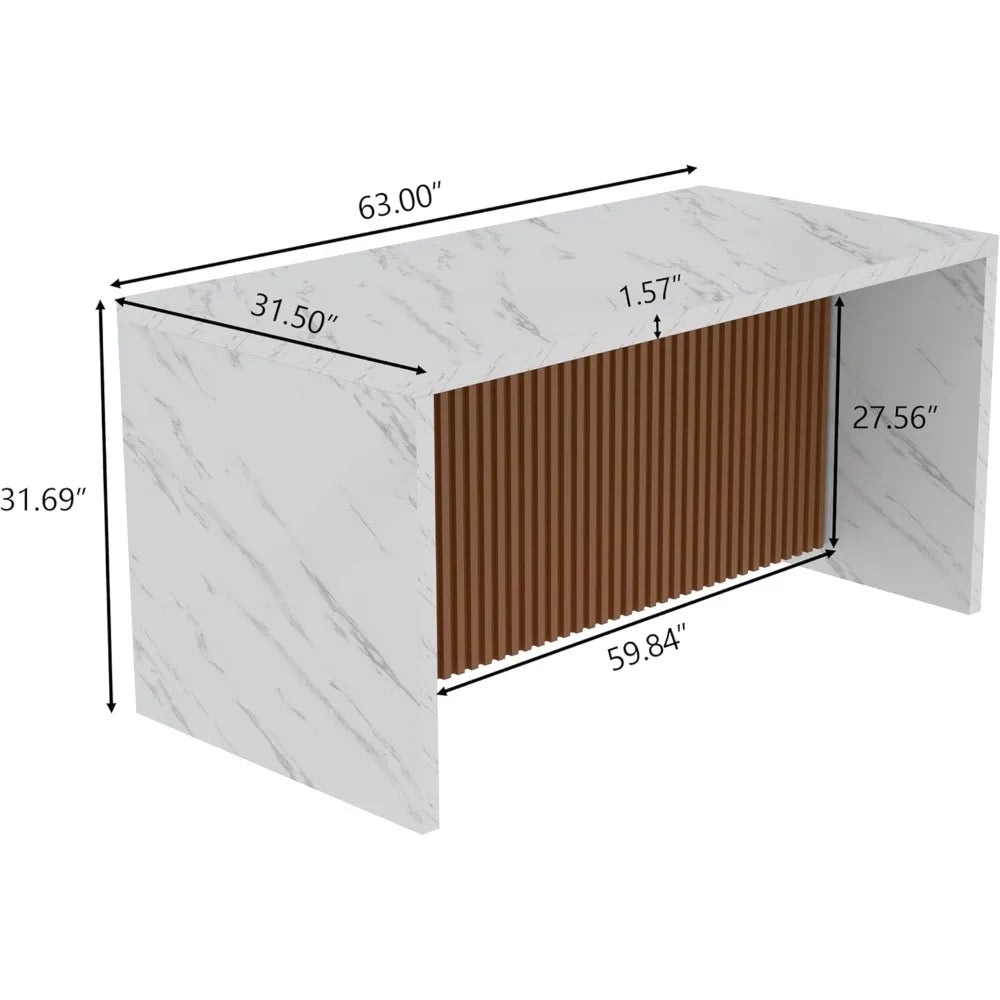 Modern 63" Large Imitation Marble Stripes Island Dining Table for 4-6 People LED Lights