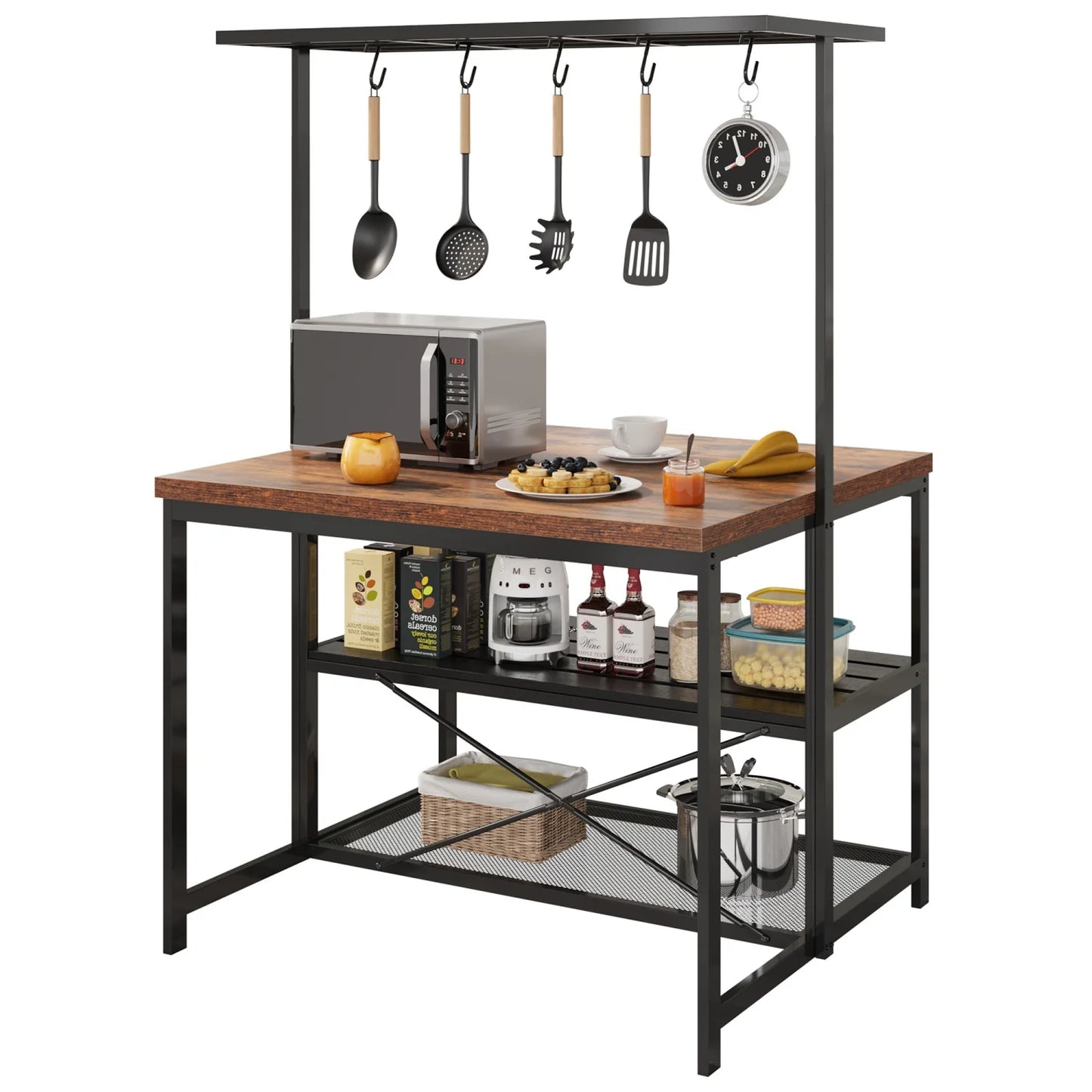 42" Kitchen Island with Storage Bakers Rack , 3 Tier Microwave Stand, Oven Shelf and Bar Table